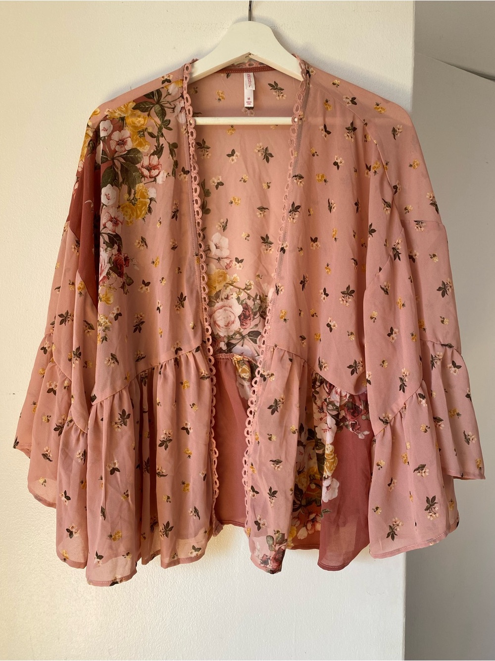 Y2K Dusty Pink Floral Open-Front Ruffle Kimono Cute Oversized Flowy Layer